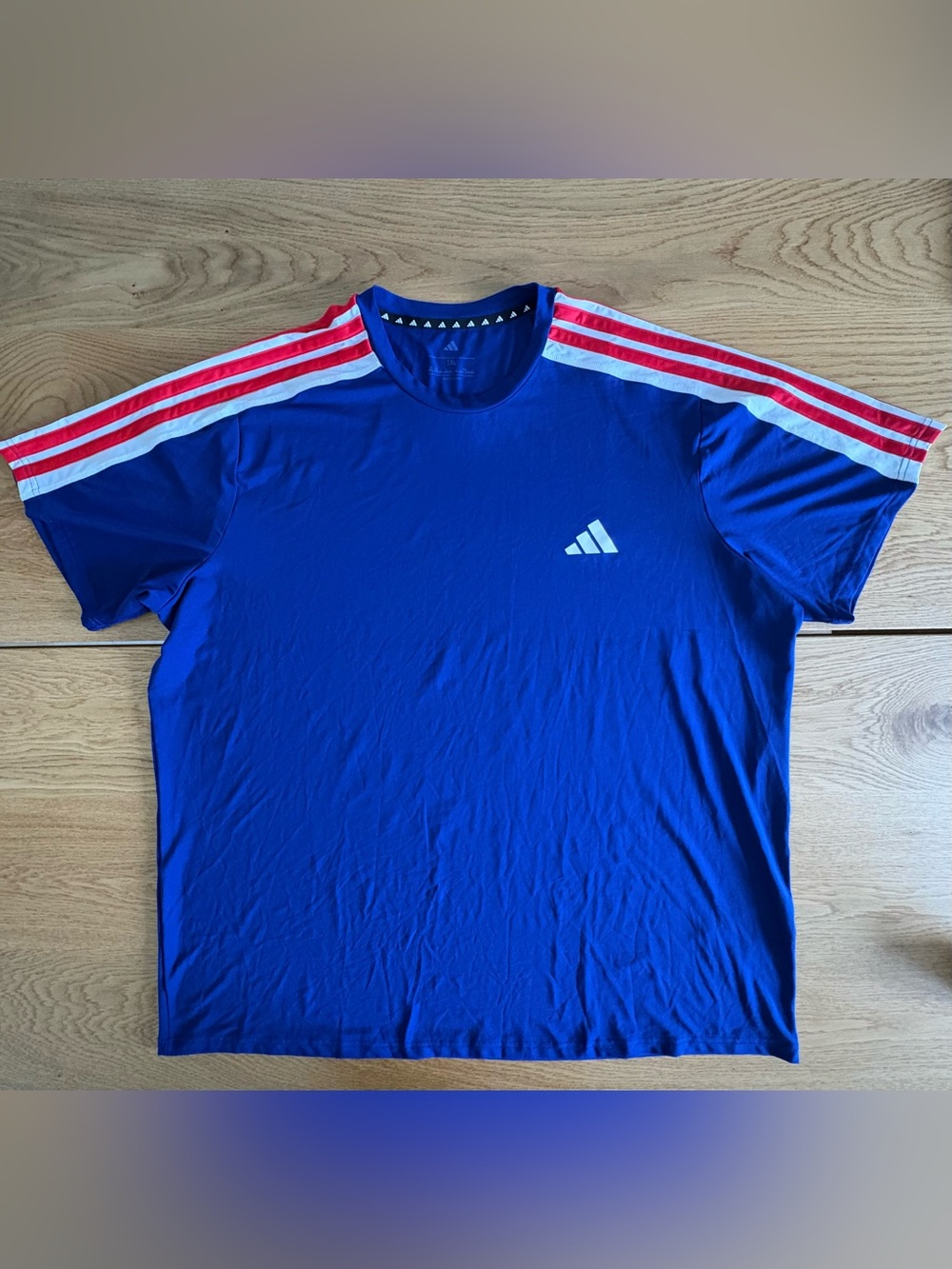 Adidas Mens 2XL T Shirt Blue 3 Stripe Short Sleeve Athletic Workout Top
